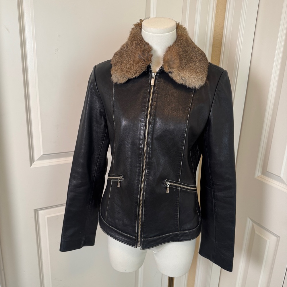 Michael Kors Leather Jacket Real Fur Collar Black Zip Moto S/P RARE